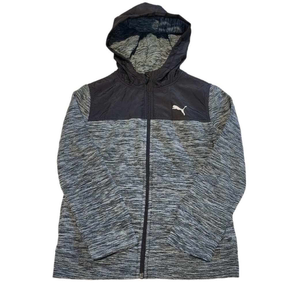 Puma Boys Fleece Black and Gray Striped Zip Up Hoodie Size 7 8